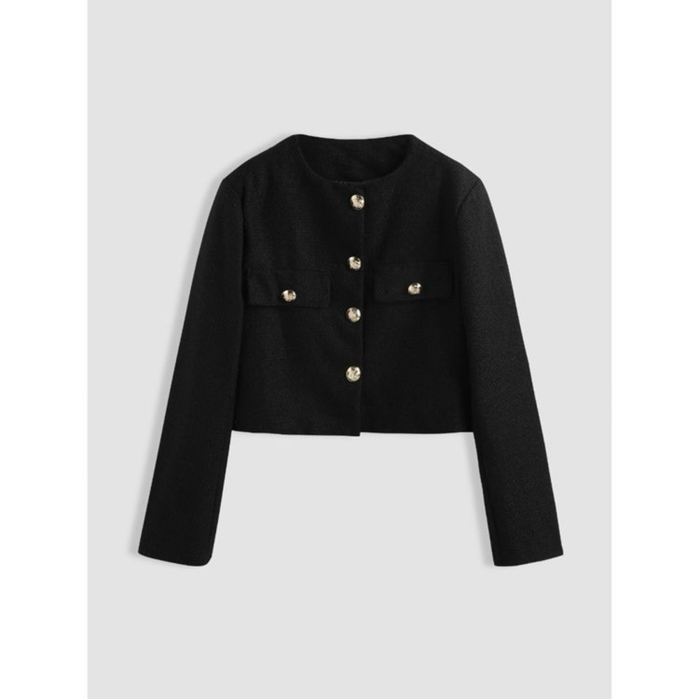 Sz M Cider Tweed Button Crew Neck Jacke Black Women's Jacket with Gold Buttons - Picture 7 of 16